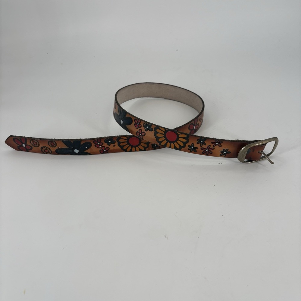 Belt Daisy Flower Cowhide Y2K Womens 36 Leather Made in USA Vintage Buckle